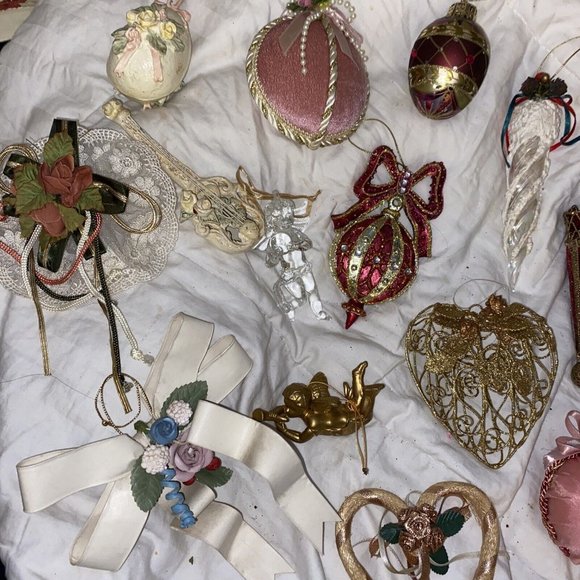 Victorian vintage ornaments heart lace gold pink Glass Flower Cherubs papermache - Picture 14 of 16